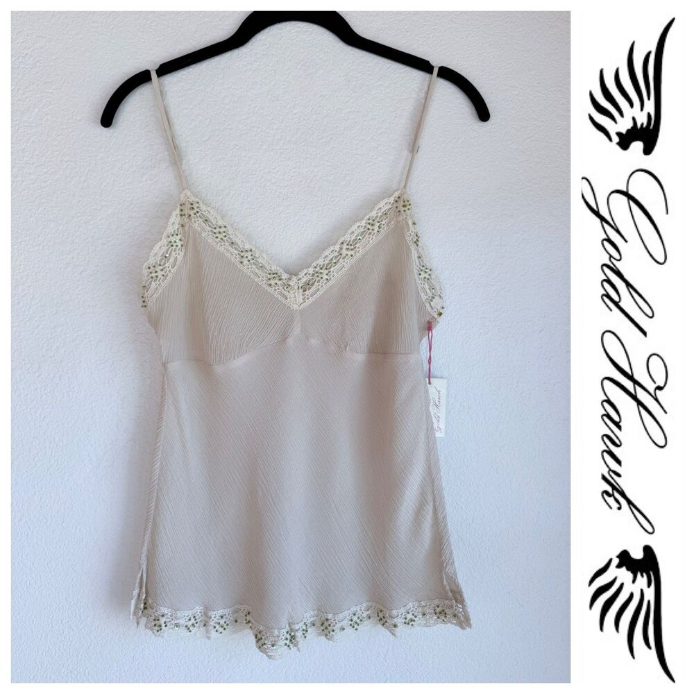 NEW Gold Hawk 100% Silk Crinkle Lace Trim Beaded Camisole in Taupe & Green Sz S